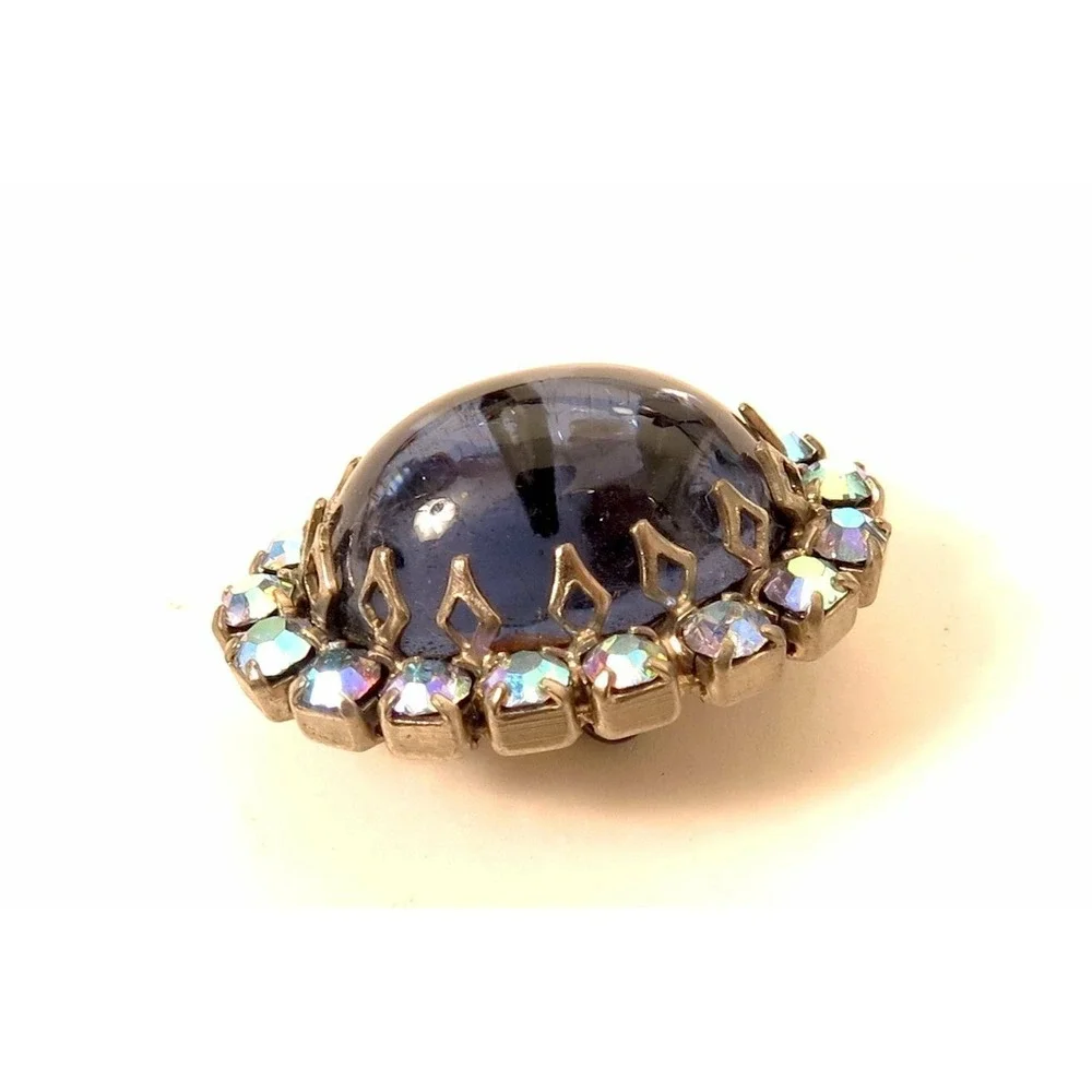 Vintage 26x20mm Oval Blue & Aurora Borealis Rhinestone Button*Silver Toned Metal